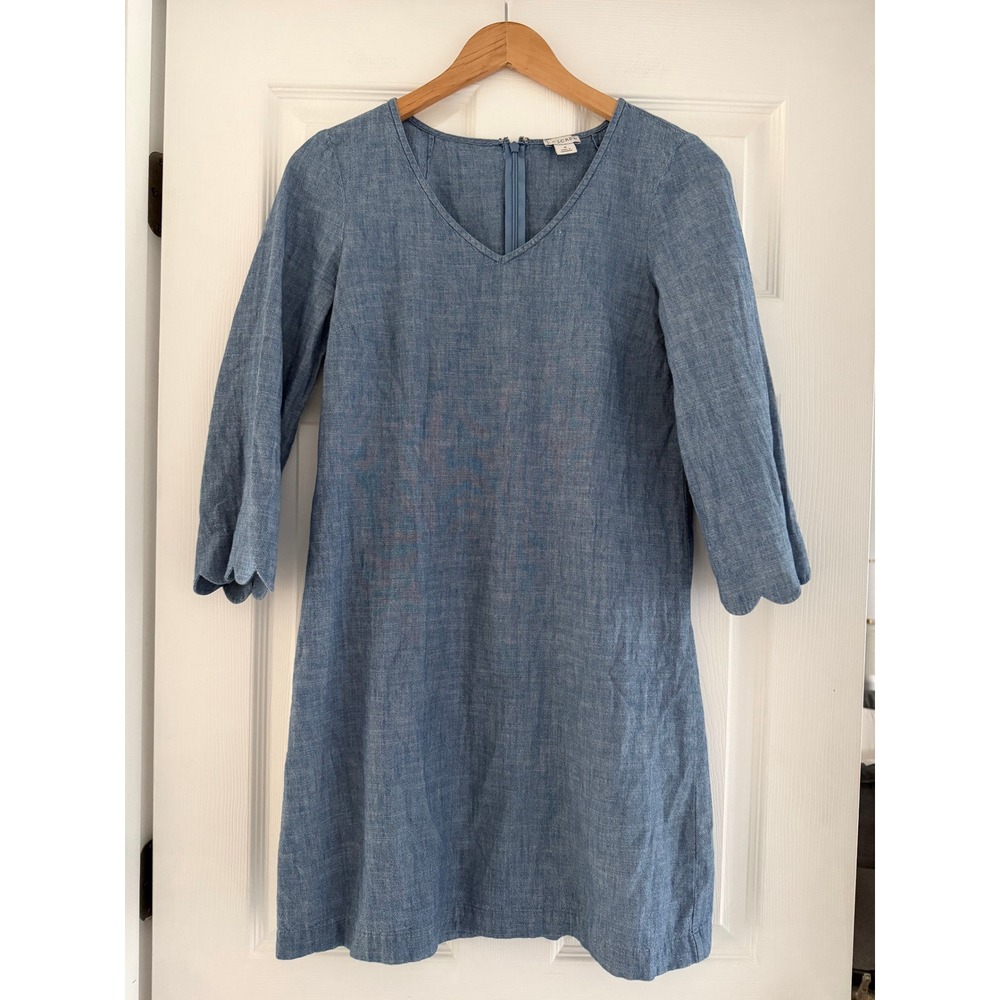 J.Crew Womens Chambray Cotton Scalloped Sleeve Midi Dress‎ Preppy